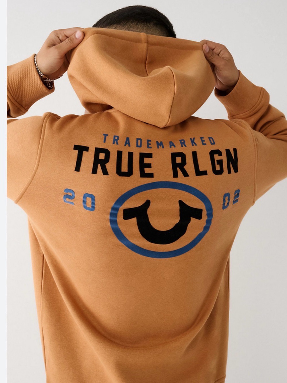 True Religion Camel Hoodie with Blue and Black Logo